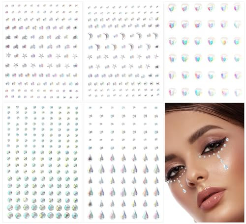 5 Bögen Glitzersteine Selbstklebend, Herz, Stern, Mond, Strasssteine Selbstklebend Aufkleber Strass Haar-Edelsteine Make-up Edelsteine Strasssteine fürs Gesicht Make-up für Frauen Kunstdekoratione