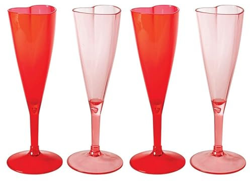 slant collections Valentine's Day Champagne Flutes Heart Shaped Acrylic Stemmed Glasses, Set of 6, Red/Pink