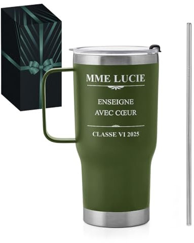 Maverton Mug Isotherme Personnalisable Vert en Acier Inoxydable 600 ml - Mug Personnalisé Maitresse avec Paille et Boite - Cadeau Maitresse d'École fin d'année - Cadeau Prof