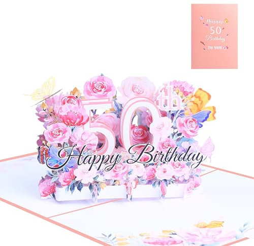 FloraVigo Geburtstagskarte, Pop-up-Karte Jahrestag,Blume Pop Up Grußkarten, 3D Pop Up Karte Geburtstag (Geburtstagskarte zum 50. Geburtstag)