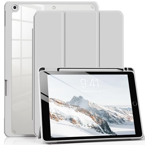aoub Case for iPad 9th/8th/7th Generation 2021/2020/2019, Transparent Protective Case for iPad 9/8/7 10.2 inch with Pencil Holder, Acrylic Transparent Silicone Cover, Auto Sleep/Wake, Gray