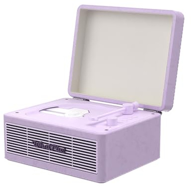 WhatPlus Portable CD Player with Bluetooth and Speakers, Light Purple | Rechargeable retro suitcase design with magnetic back, AUX and TF card support for home decor, travel and gifting