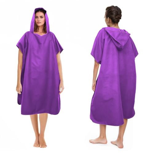 Badeponcho Damen& Herren,Poncho Handtuch,Mikrofaser-Surf Poncho,Lang Umkleidehilfe mit Kapuze für Herren Damen, Ideal Handtuch zum Strand, Brandung, Surfen (Violett)