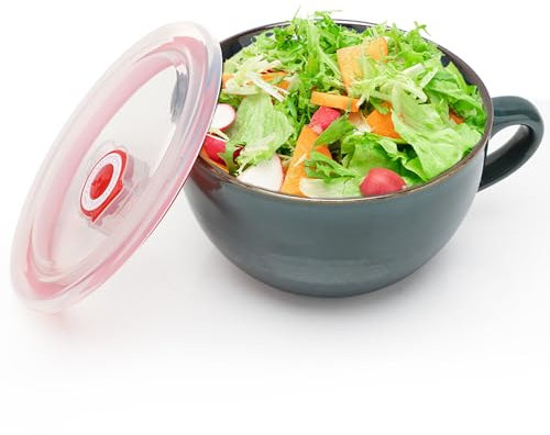 Ramen Saladier en céramique avec couvercle, 700 ml, grande tasse à café avec anse, tasse à céréales, tasse à café en porcelaine, passe au lave-vaisselle et au micro-ondes, vert foncé