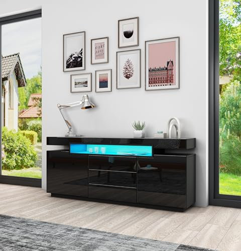 Anrichte Hochglanz LED Anrichte Schrank Schrank mit 2 Türen und 3 Schubladen Moderne Wohnzimmer Schlafzimmer Möbel 160 x 72 x 35cm (Schwarz)