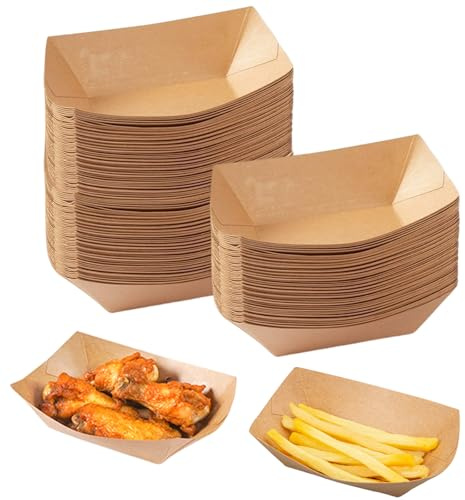 Dulynva 100 Fingerfood Schalen Pommesschalen aus Kraftpapier Schiffchen Pappschalen, Currywurst Schale Einweg Schalen Einweggeschirr für Fingerfood Currywurst Pommes Sushi, 13 x 9,2 x 3,6CM