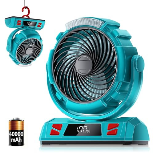 Ventilador de camping con luz, batería recargable de 40000 mAh y 6 velocidades, ventilador portátil USB para tienda de campaña con gancho para pesca, cortes de energía, lugares de trabajo, equipo de