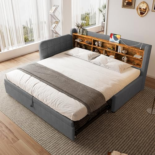 Kebnor Daybett,90 * 200cm(180 x 200 cm),Schlafsofa,multifunktionales Ausziehbett-Design,USB+TypC,mehrere Ablageflächen, Bett mit Lattenrost(ohne Matratze), Leinen (Grau Ausziehbett-Design)