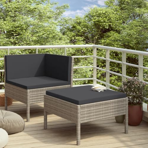 Teenpull 2-TLG. Garten-Lounge-Set, modernes Rattan-Sofa mit Fußhocker, wetterfestes Outdoor-Möbel für Balkon & Terrasse, Anthrazit-Kissen, Grau