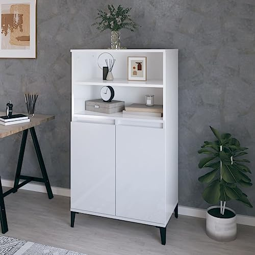 Hoopleep Highboard Hochglanz-Weiß 60x36x110 cm, Holzwerkstoff Sideboard mit Metallfüßen, Stauraum für Wohnzimmer, Schlafzimmer Möbel, moderner Schrank Organizer