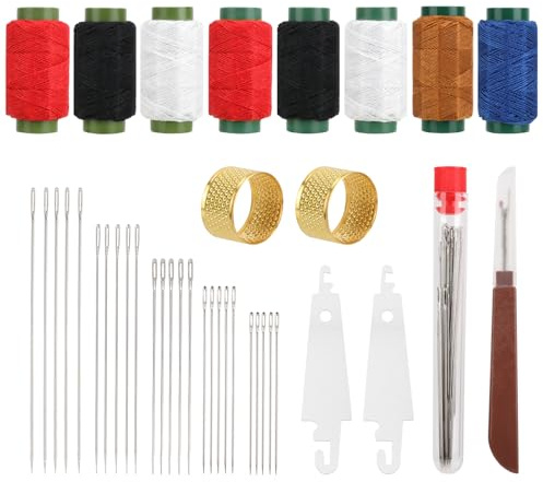 JSRQT 39 Piezas Kit de Agujas de Coser de Ojo Grande, Juego de Herramientas de Coser a Mano de Acero Inoxidable con Engancha Hilos, Descosedor, Hilos & Dedales