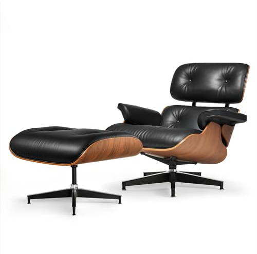 Asukale Leder Relaxsessel mit Hocker, Moderner Sessel Wohnzimmer, Drehbarer Chaiselongue mit Ottomane, Fester Neigungswinkel von 105°, TV-Sessel mit Gepolstertem Kissen, Schwarz (Verbesserte)
