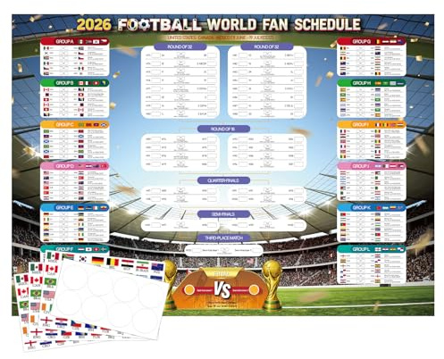 WALLFID 98x70cm Poster Calendario Mondiale 2026,Ora Europa Centrale, Poster del club dei tifosi, Coppa del Mondo 2026, registrazione dei risultati della partita