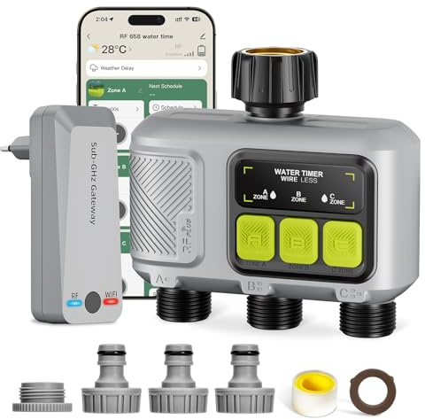Xtsuen WLAN Bewässerungscomputer mit 3 Ausgängen, Smarte Bewässerungsuhr Set (300m Reichweite RF), App/Sprachsteuerung, Regenverzögerung, Automatische Gartenbewässerung für Rasen, Garten,Balkon