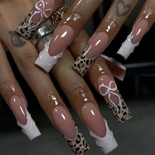 24pcs Extra Long Square False Nails French Tip Leopard Print Press on Nails | 3D White Edge Nude Pink Stick on Nail Tips with Bow Accents, Removable, Glue-on Fake Nail Art Accessories for Women
