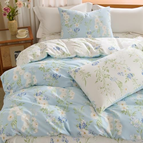 Sedefen Bettwäsche 155x220 Baumwolle Blumen Grün Weiß Wendebettwäsche | Renforce,Oeko-TEX zertifizierte,Aesthetic Bettwäsche für Allergiker,Bettbezug mit Reißverschluss 1 Kissenbezug 80x80