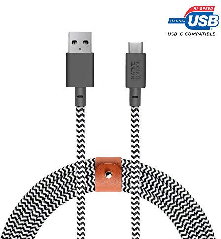 Native Union Belt Cable XL USB-C to USB-A - 10ft Ultra-Strong Charging Cable with Leather Strap Compatible withiPhone 16, Samsung Galaxy Z Fold 6, Flip 6, S24 Ultra, Pixel 9 Pro, iPad Pro (Zebra)