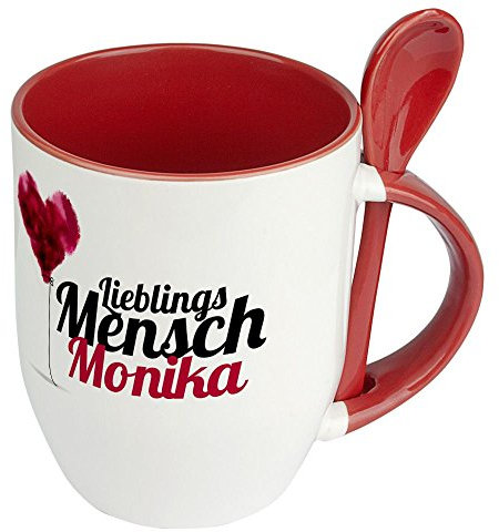 printplanet Löffeltasse mit Namen Monika - Motiv Lieblingsmensch - Namenstasse, Kaffeebecher, Mug, Becher, Kaffeetasse - Farbe Rot