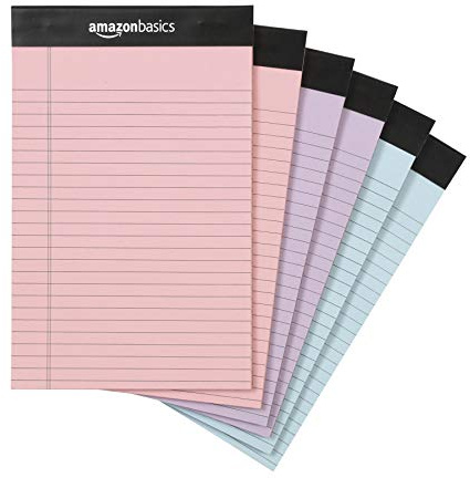 Amazon Basics Narrow Ruled Writing Pads, Perforated, 5 x 8, Multicolor, 6-Pack of 50 Sheets