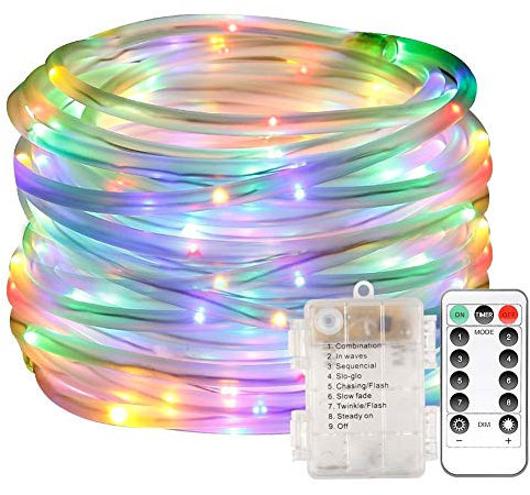 Stringa Luci LED, Catene Luminose 10 metri 100 LEDs IP65 Impermeabile, Interno ed Esterno con Scatola batteria Telecomando 8 Modalità (Multicolore)