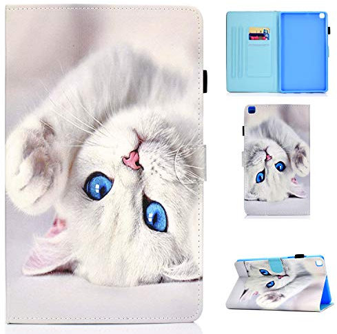 Lspcase Coque Galaxy Tab A 8 Pouces 2019 PU Cuir Housse de Protection Stand Portefeuille Étui avec Fente Carte et Porte-Stylo pour Samsung Galaxy Tab A 8.0 2019 SM-T290 SM-T295 Chat Blanc