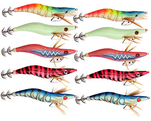 Squid Jigs Shrimp Fishing Lures Kits Squid jig Hooks Wood Shrimp Artificial Spinner Lures Kit with Luminous Prawn Tail Glow in Dark for Cuttlefish Octopus Squid Fishing