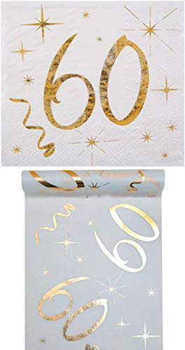 Eventausstattung24 Geburtstag Set/Tischband 60 Gold + Servietten 60 Gold/Geburtstagsdekoration/Servietten 60/ Tischband Geburtsta
