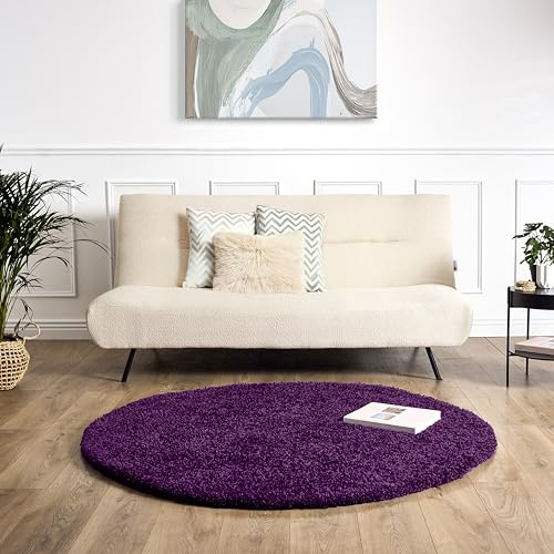 Bravich Round Purple Shaggy Rug 120cm (4') 5cm Pile Purple Circle Thick Fluffy Living Room Bedroom Hessian Backed Washable