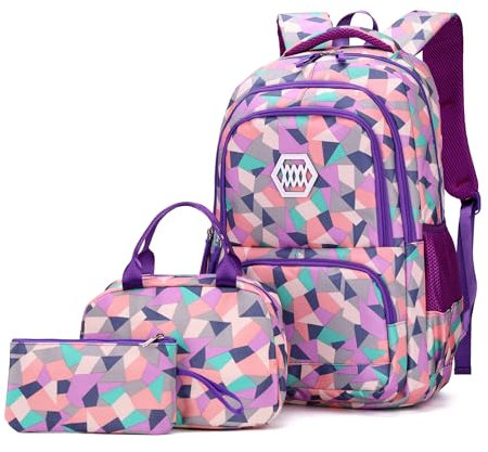 Bansusu Geometric-Print Purple-Backpack and Lunch-Bag Set for Girls Middle-School Elementary Bookbags