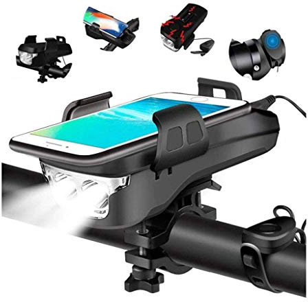 Lampe de vélo multifonction 4 en 1, étanche, klaxon de vélo, support de téléphone, chargeur USB, phare de vélo pour la sécurité de nuit.