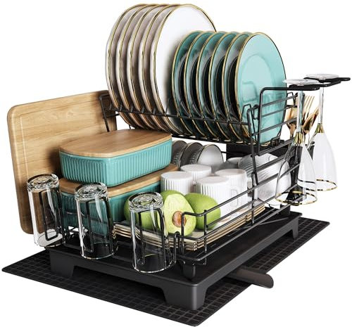 MAJALiS Dish Drainer Rack, 2 Tier Dish Drainer with Drip Tray and Drainer Mat, Stainless Steel Dish Rack with Utensil Holder, Swivel Spout, Draining Board Rack for Kitchen Counter, Black