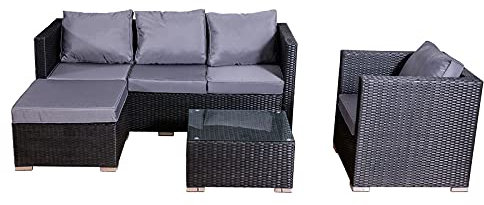 Wowcher 4 Piece Rattan Corner Sofa Set 5 Seater Canonbury Garden Furniture L-Shaped Sofa 5mm Glass-Topped Coffee Table Cushions with Removable Washable Covers Galvanised Steel Frame Black