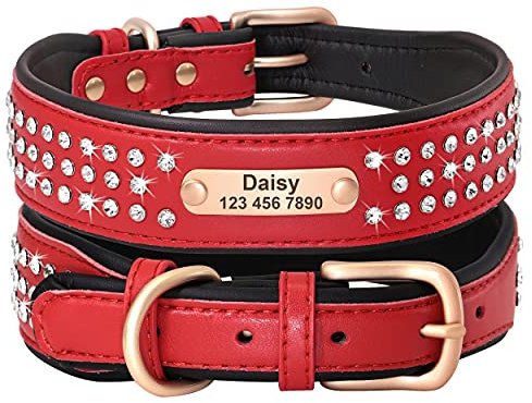 Beirui Personalisiertes Hundehalsband mit Strasssteinen für mittelgroße und große Hunde–glitzerndes Hundehalsband mit glitzernden Kristallen–strapazierfähiges PU-Leder für Haustiere mit Metallschnalle