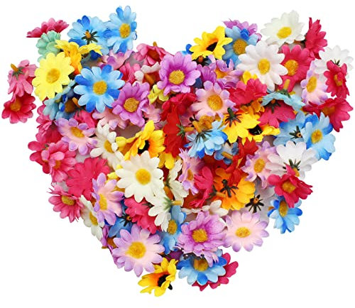 inodiref 100 Stücke Künstliche Blütenköpfe Künstliche Sonnenblume Köpfe Bunt Mini Künstliche Seidenblumen Köpfe Deko für Hochzeit Feste Partei DIY Girlande Kopfschmuck Basteln
