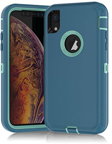 KKSTYLE Case for iPhone XR Triple Layers Shockproof Dust Proof 3 in 1 Heavy Duty Tough Protective Rubber Silicone Bumper Screen Protection Phone Cases Cover for Apple iPhone Xr 6.1 Light Mint/Green