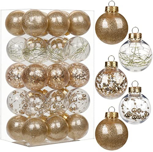 30pcs Christmas Baubles 5cm/2 Shatterproof Clear Plastic Ball with Delicate Ornaments Champagne Gold Xmas Balls Set Christmas Tree Hanging Decorations for DIY Halloween Party Wedding Decor