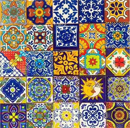 Mexikanische Talavera Fliese, spanische mediterrane Kunst, bunt, 5,1 x 5,1 cm, Keramik, handbemalt, Mosaik für Badezimmer, Wand, Spiegel, Küche, rustikale Dekoration, Keramik (25)