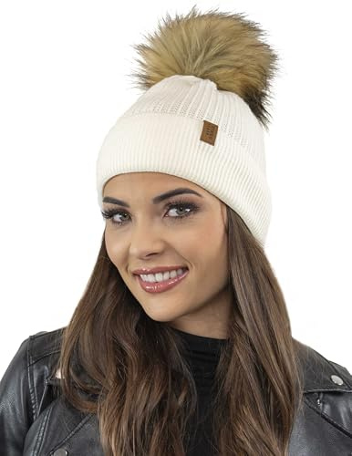 VIVISENCE Winter Bommelmütze Für Damen Wintermütze Mit Bommel Herbst Aus Warmem Acrylgarn Mit Antistatischer Wirkung Perfekte Passform Für Kalte Wintertage Modell 7042, Ecru,Einheitsgröße