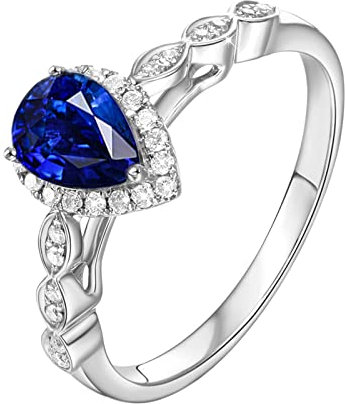 Beydodo Weißgold 750 Ring für Frauen, Verlobungsring Tropfen mit 1ct Saphir Ring Gr.52 (16.6), Trauring mit Diamant