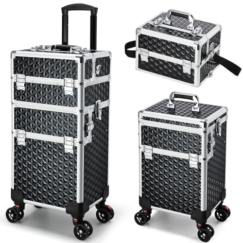 Yueieoun Professioneller 3-in-1-Make-up-Koffer mit Rollen, große Kapazität, Make-up-Trolley, Friseursalon, Reisekoffer, Schwarz, Practical 3 in 1