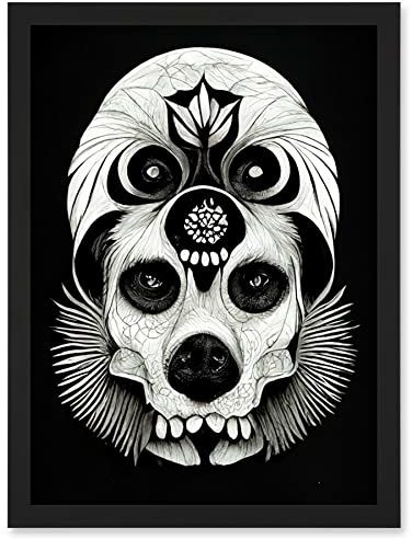 Doppelganger33 LTD Day Of The Dead Dog Skull Head Drawing Halloween Artwork Framed Wall Art Print A4