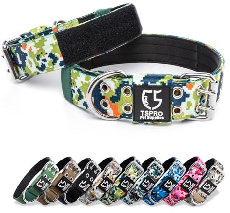 TSPRO Taktisches Hundehalsband, Verstellbares Halsband Hund mit Metallschnalle und Flicken, Haltbar und Dick, für Große bis Extra Große Hunde (Camo Grün L/XL)