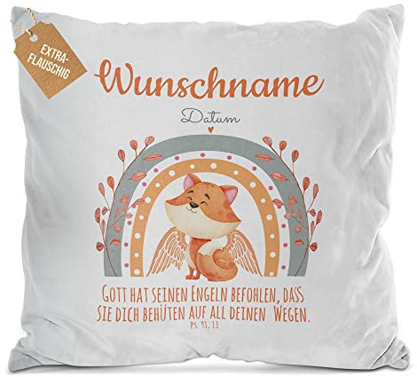 PR Print Royal Flauschiges Kissen zur Taufe mit Name & Datum - Fuchs - Gott hat seinen Engeln befohlen - Geschenke zur Taufe, personalisierte Taufgeschenke Patenkind | mit Kissenfüllung, Weiß