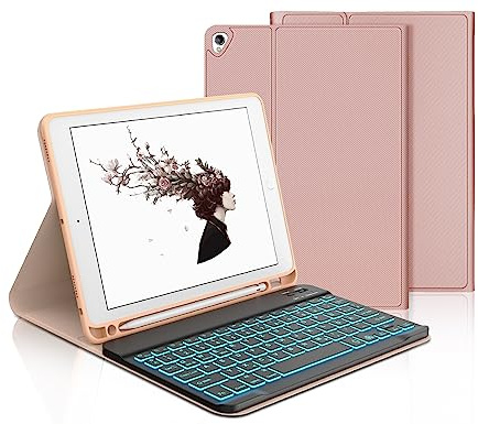 IVEOPPE Tastatur mit Hülle für iPad 9./8./7. Generation, 10.2, Air 3 und Pro 10.5-7-Farbige Beleuchtung, Magnetisch Abnehmbar, QWERTZ, Sakura Rosa