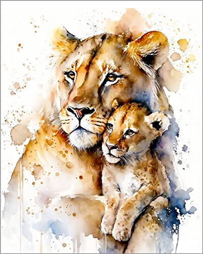 7Dots Art. Kunstdruck für Kinderzimmer und Badezimmer, Motiv: Mutter und Baby, Aquarell-Kunstdruck, ungerahmt (n Löwe)