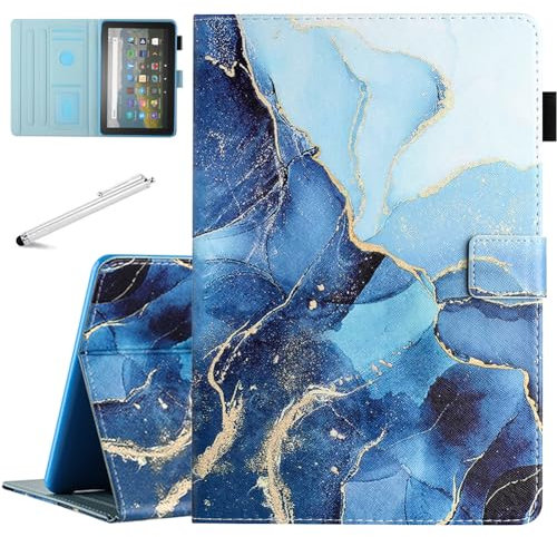 Fancity Case Fits All-New Amazon Kindle Fire HD 10 & 10 Plus (13th/11th Generation, 2023/2021 Release), PU Leather Stand Cover with Smart Auto Wake/Sleep & Pen Holder Card Slot, Marble Blue