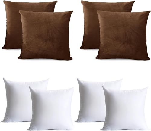 Oxford Homeware Brown Cushion Covers 45cm x 45cm (Pack of 4) Cushions with Covers Included – Decorative Velvet Cushions for Living Room Sofa Bedroom with Invisible Zipper, 18 x 18 Inches