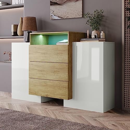 Azkoeesy Stilvolle Sideboard Kommode mit LED-Beleuchtung 140 cm im Höheglanz weiß mit 3 Schubladen und Viel Stauraum für Wohnzimmer