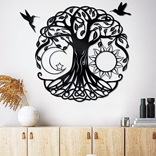 18in Baum des Lebens Metall Wandkunst, Schwarzes Metall Kunstwerk für Wand mit 2 Pcs Schwarzes Metall Vogel Silhouette, Baum des Lebens Wanddekor für Nordische Dekor Wohnzimmer Outdoor Indoor