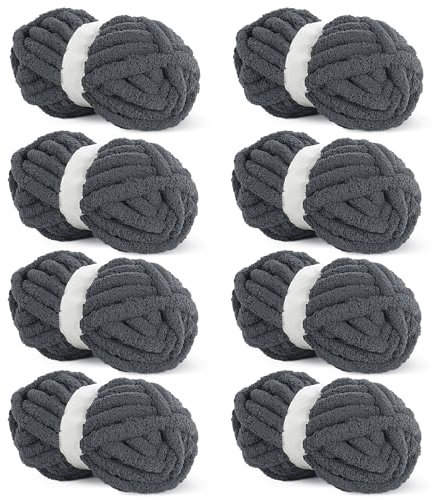 Hombys Charcoal Chunky Chenille Yarn for Crocheting & Knitting, Super Bulky, Soft Plush, 8 Jumbo Packs (27 yds, 8 oz Each)